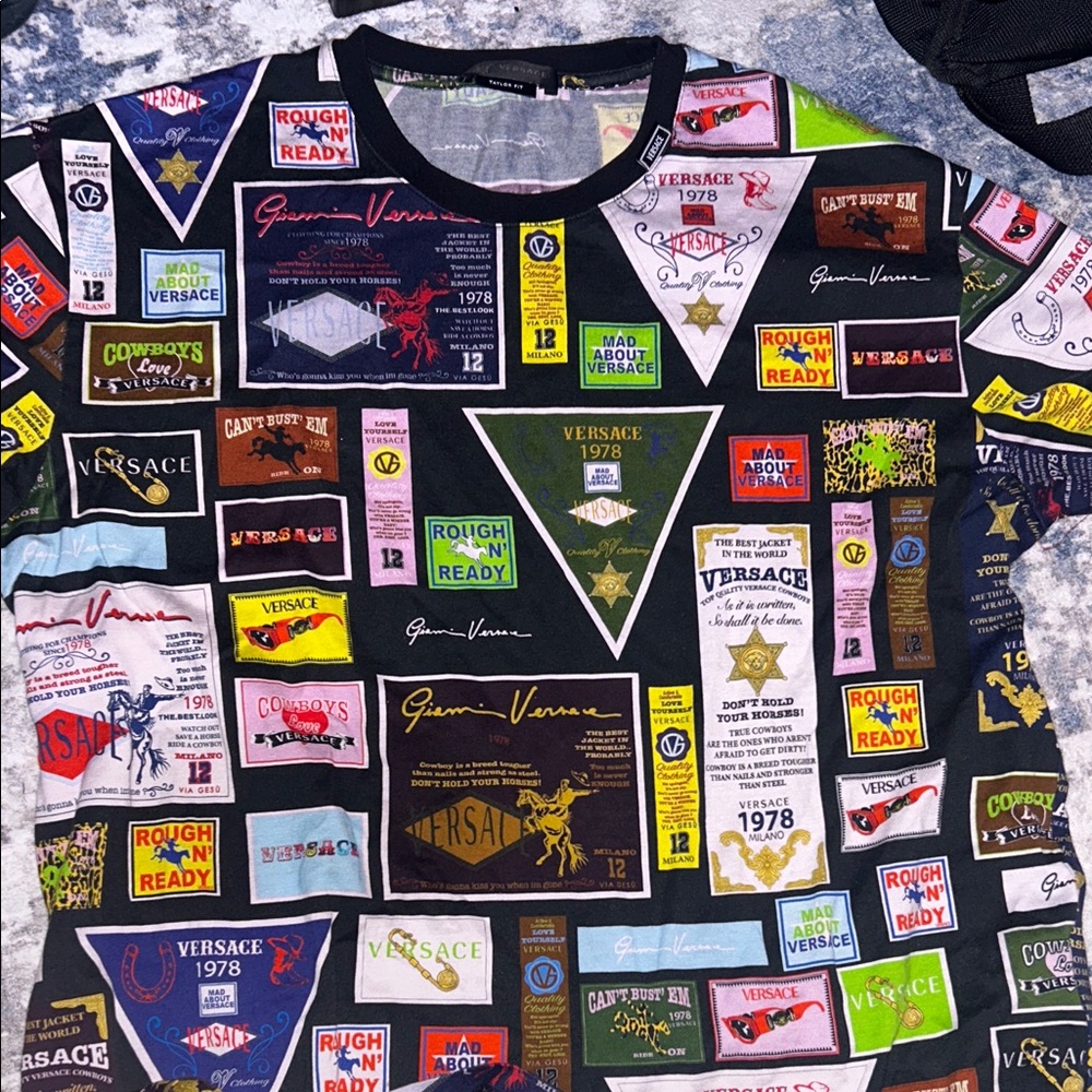 Versace Black Multicolor Patchwork Logo Short Sleeve Tee